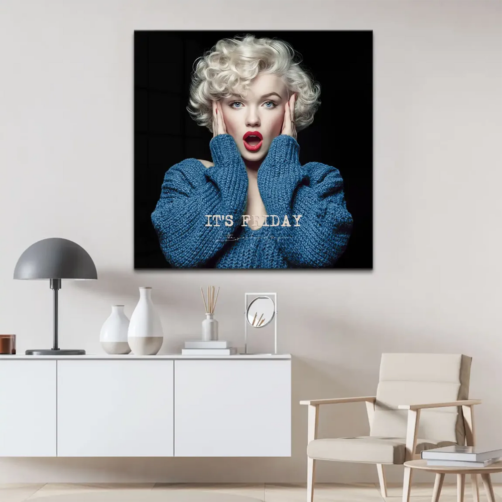 Glamour pop art canvas featuring a Hollywood-style beauty with a celebratory vibe and 'IT'S FRIDAY' caption