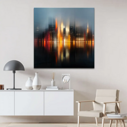 Vivid urban abstract art with vertical motion blur and warm colors suggesting city lights at night.