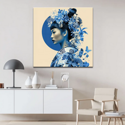 Elegant geisha profile with an ornate hairstyle and floral motifs