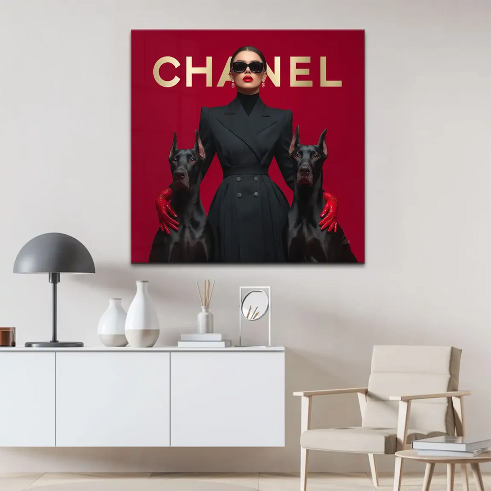 Deep red background with gold Chanel lettering