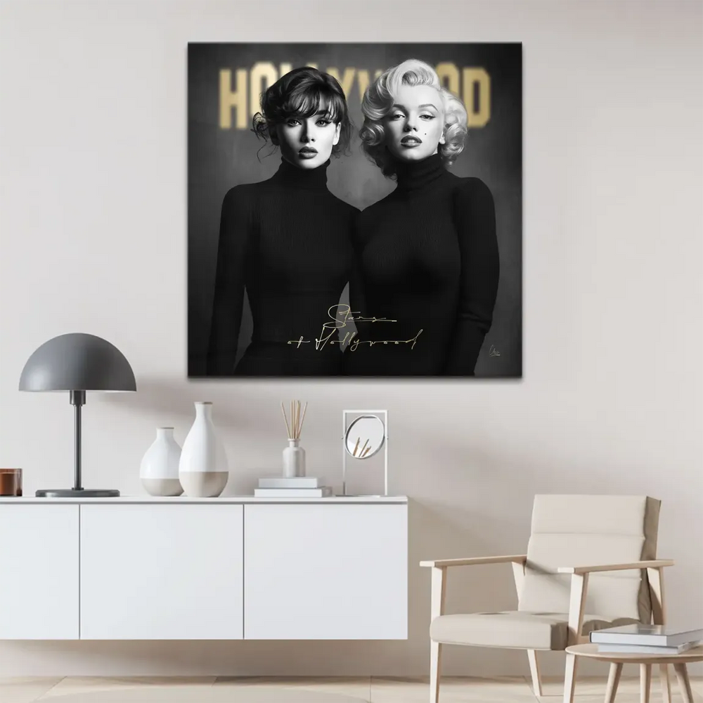 Gold Hollywood sign accents and Stars of Hollywood script on a minimalist canvas