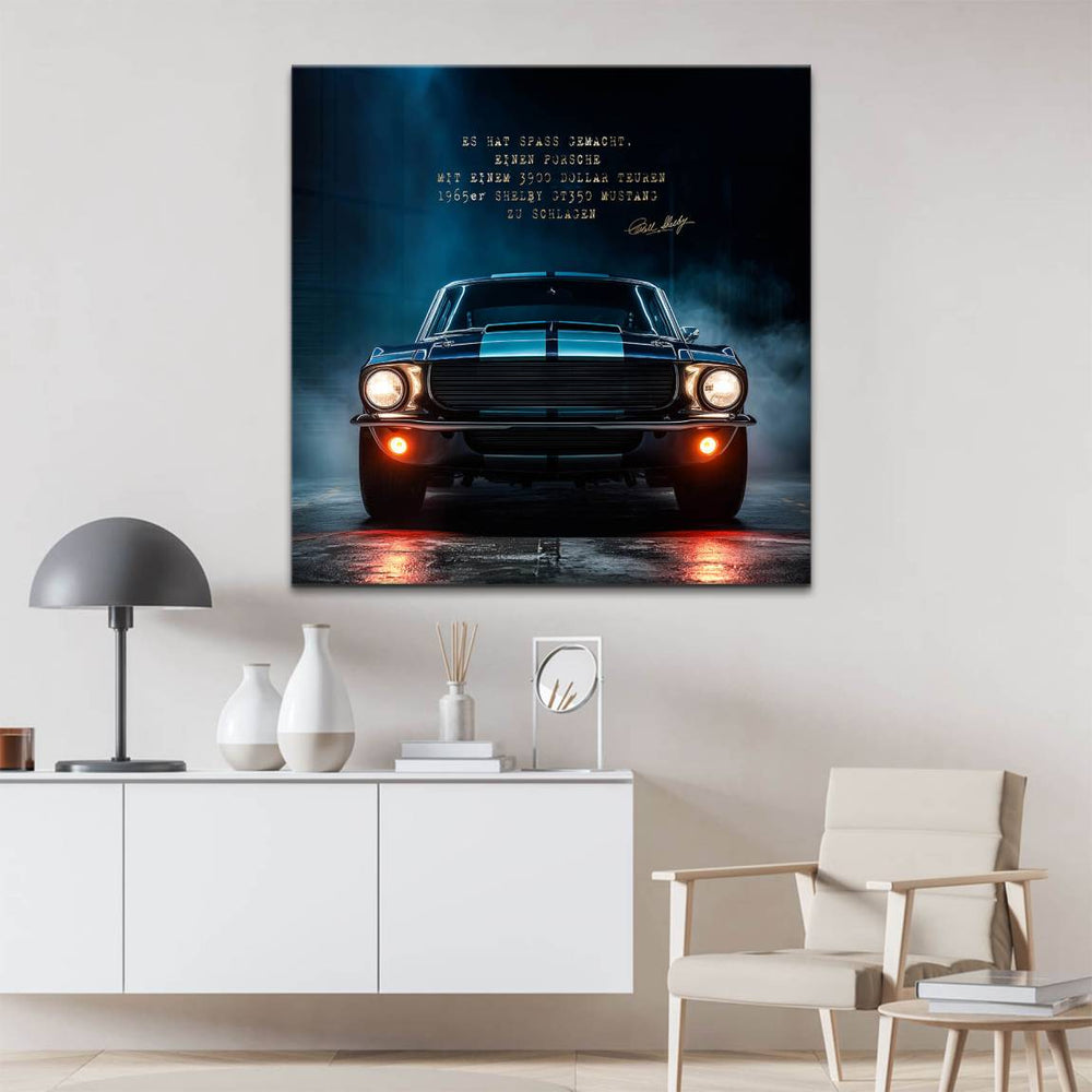 Dramatic automotive wall art featuring a classic Shelby GT350 Mustang in smoky lighting