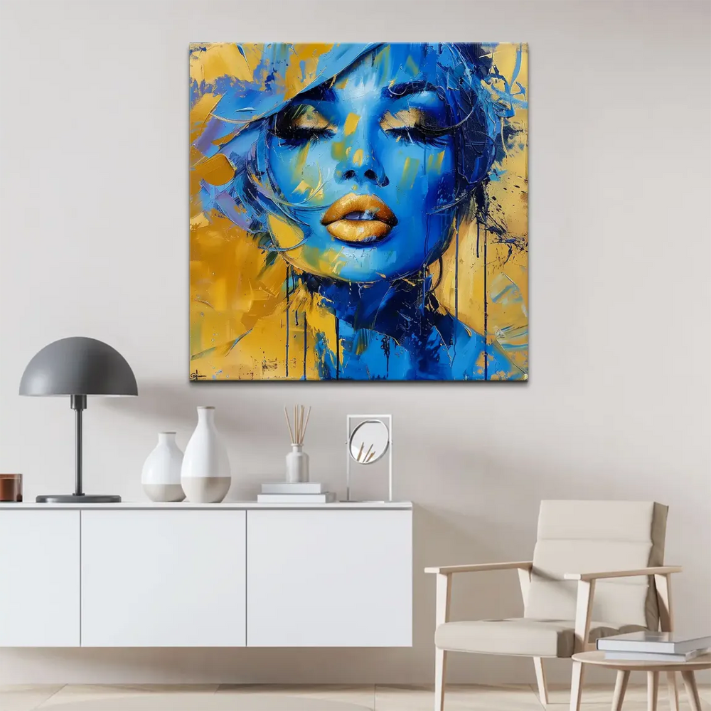 Close-up wall art featuring The Woman with blue skin tones and gilded eyelids.