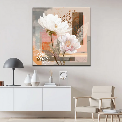 Abstract backdrop with geometric blocks and textured washes behind the floral artwork.