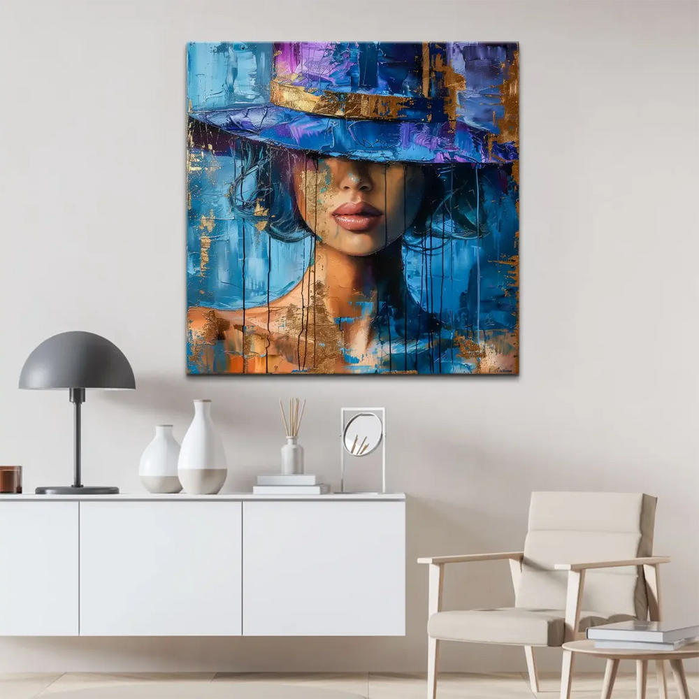 Close-up of thick impasto textures and bold palette knife strokes in blue hues