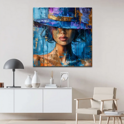 Close-up of thick impasto textures and bold palette knife strokes in blue hues