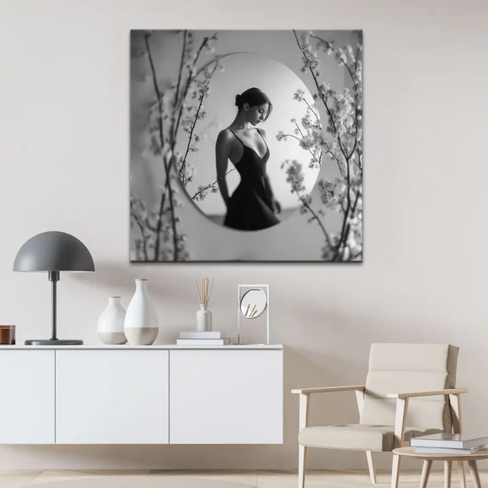 Soft cherry blossom hints framing the composition in a minimalist wall art piece.