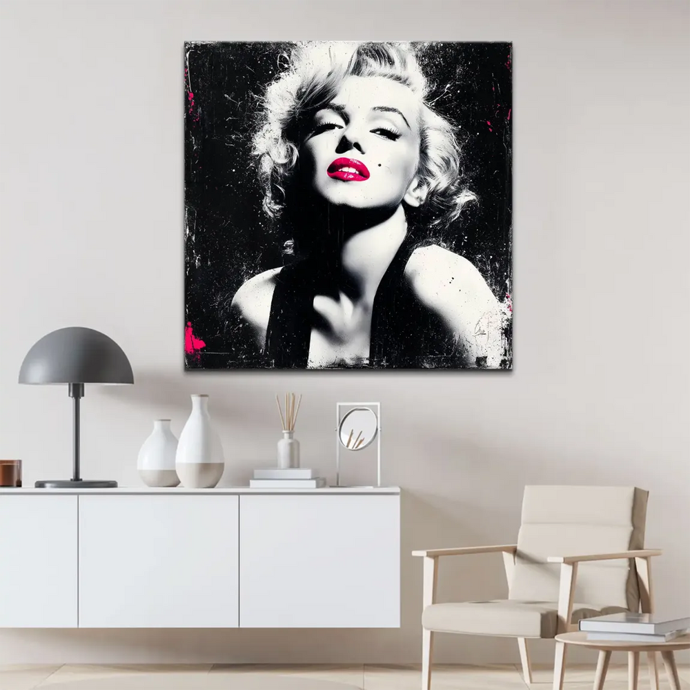 Distressed texture and paint splatters on bold Marilyn Monroe wall art