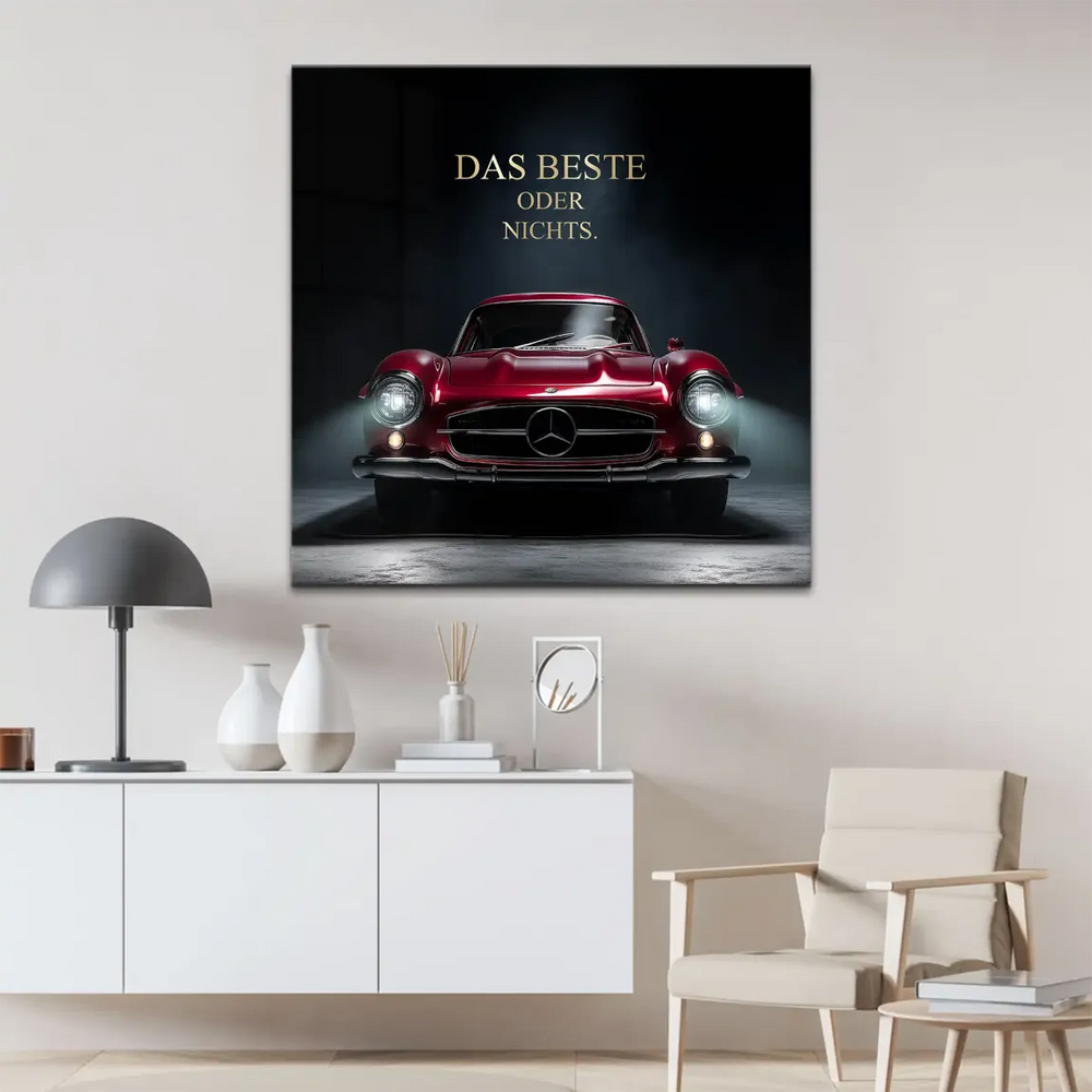 Symmetrical red Gullwing car canvas print highlighting timeless lines.