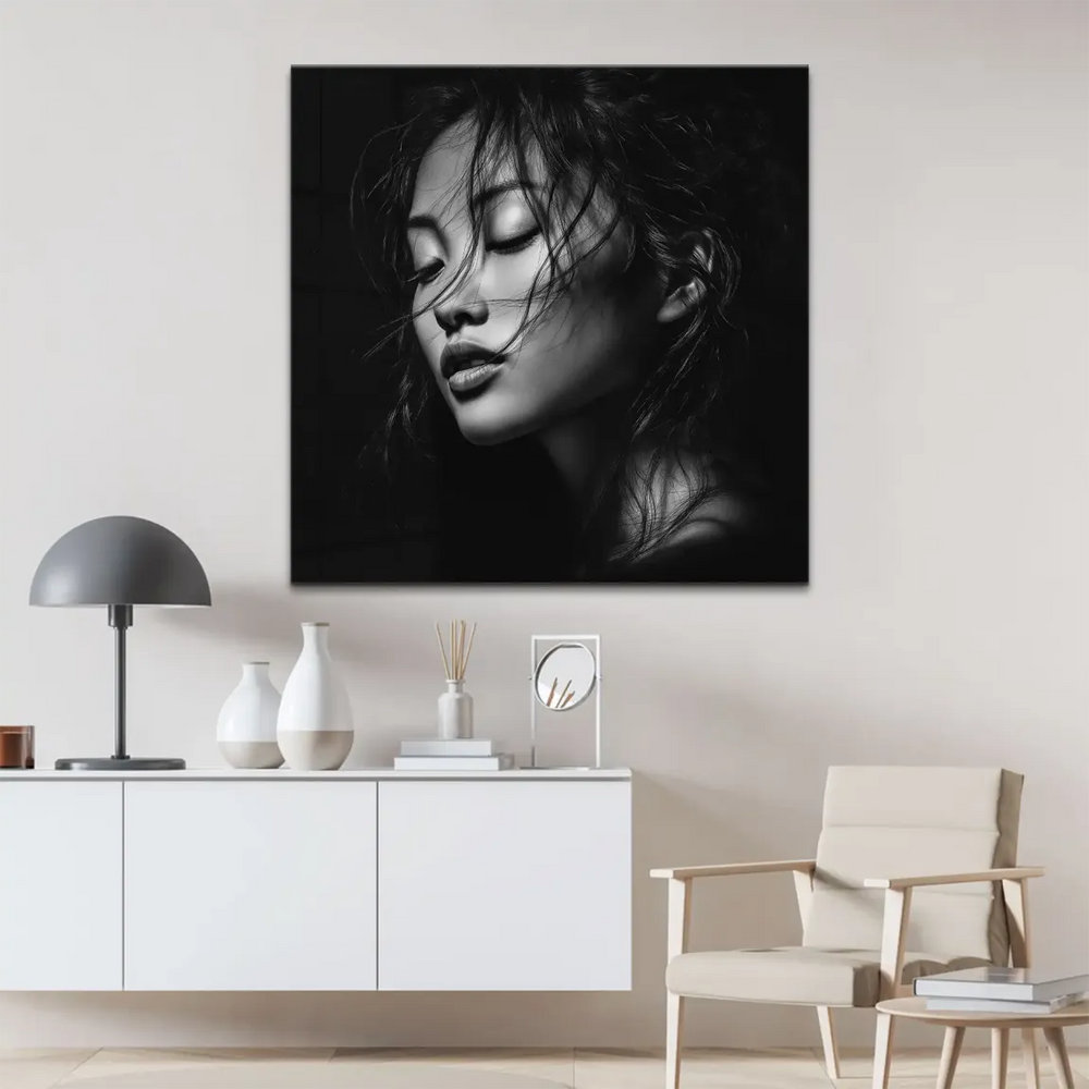Monochrome portrait wall art: serene East Asian woman with eyes closed.