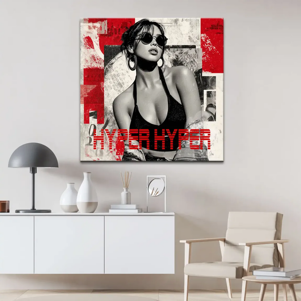 Mixed-media collage on canvas featuring red geometric blocks against a monochrome portrait.