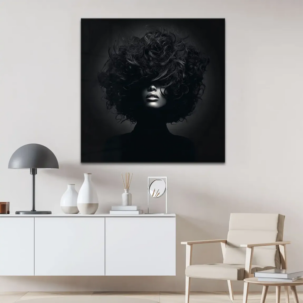 Bold monochrome portrait emphasizing glossy lips and sculpted chin