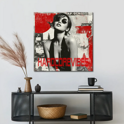 Bold street-art style background with red splashes and grunge textures surrounding the monochrome portrait.