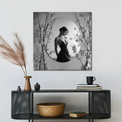 Monochrome image of a serene woman looking down, elegant fashion portrait.