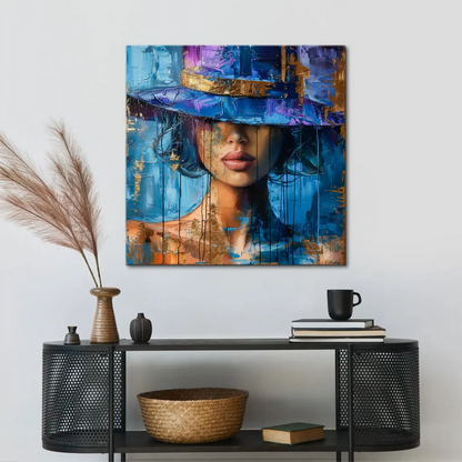 Face partially obscured by a wide-brim hat in a moody blue-purple palette