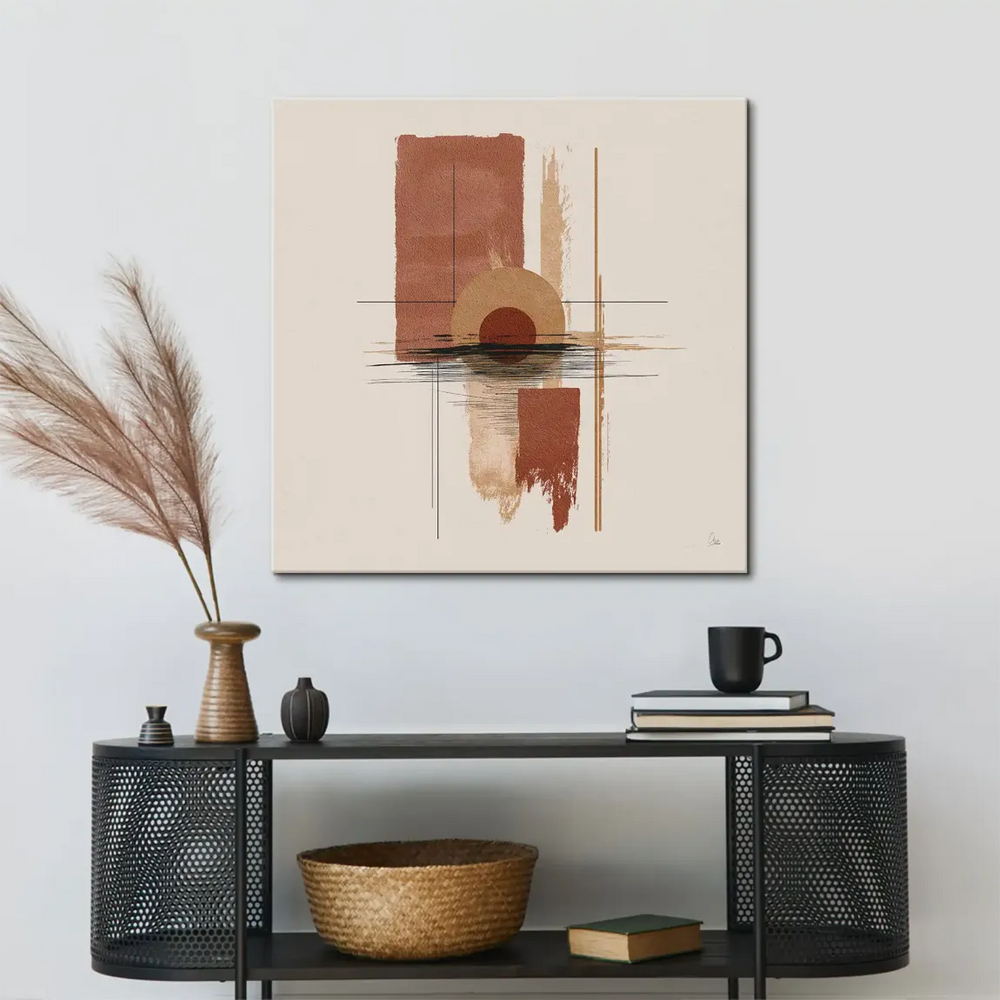 Central circle overlaps a tall vertical rectangle in a minimalist composition