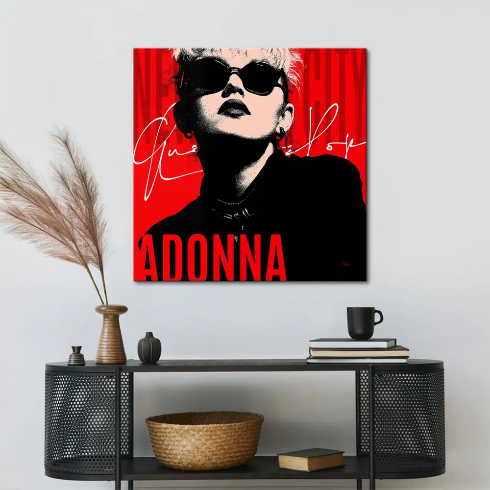 Madonna pop art canvas print with low-angle perspective and bold color palette