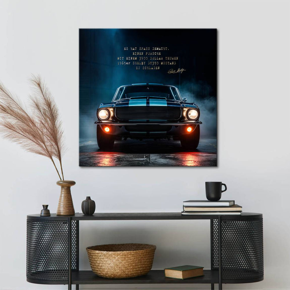 Symmetrical composition highlighting a bold American muscle car on a blue-toned canvas