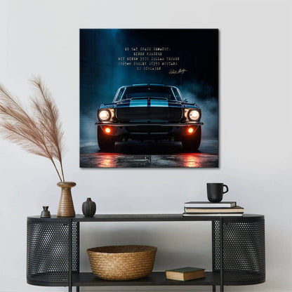 Symmetrical composition highlighting a bold American muscle car on a blue-toned canvas