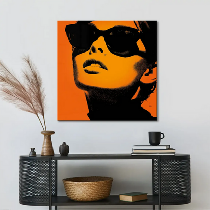 Pop Art wall art with a chic female portrait rendered in orange and black tones.