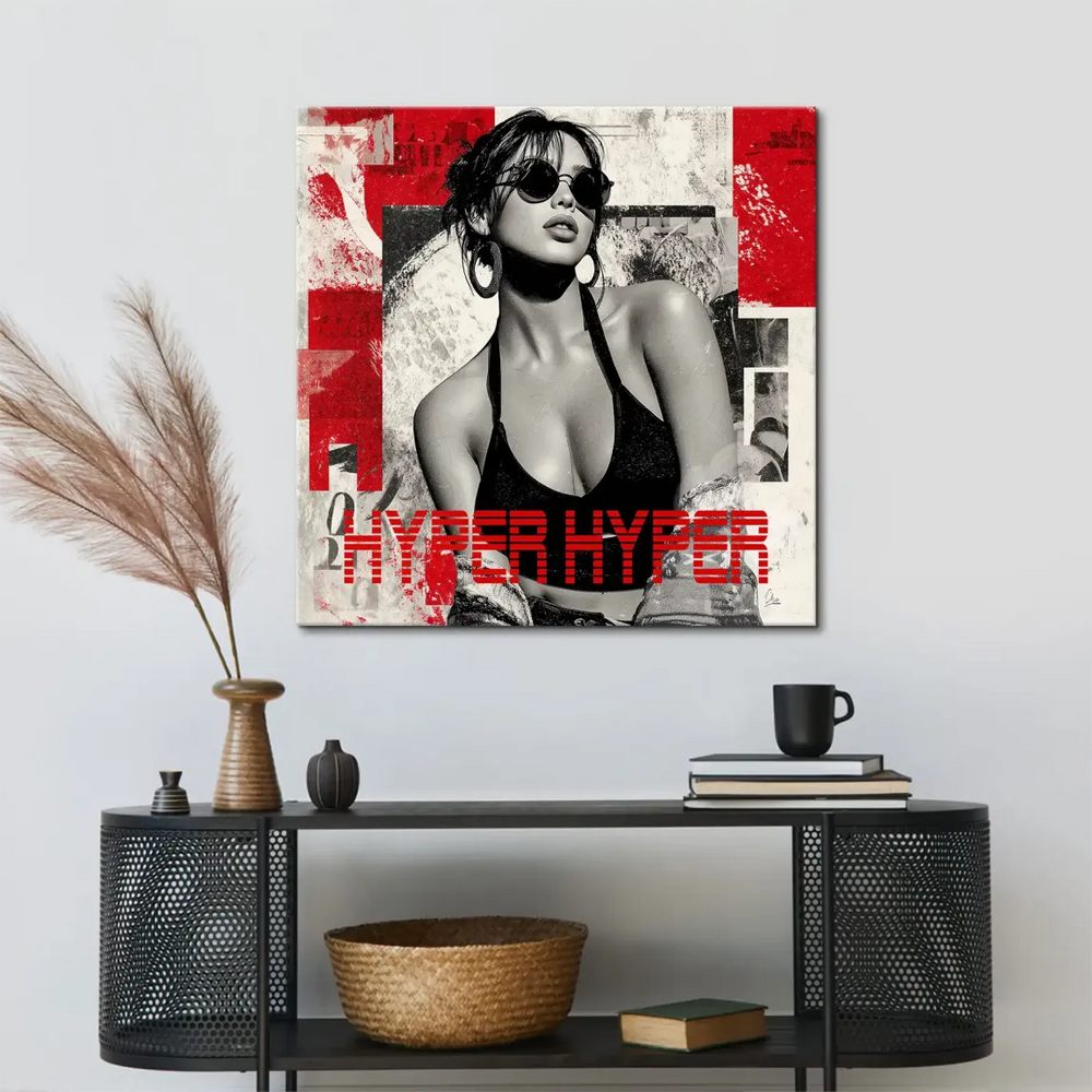 Close-up of bold red HYPER HYPER typography on a modern city-inspired wall art canvas.
