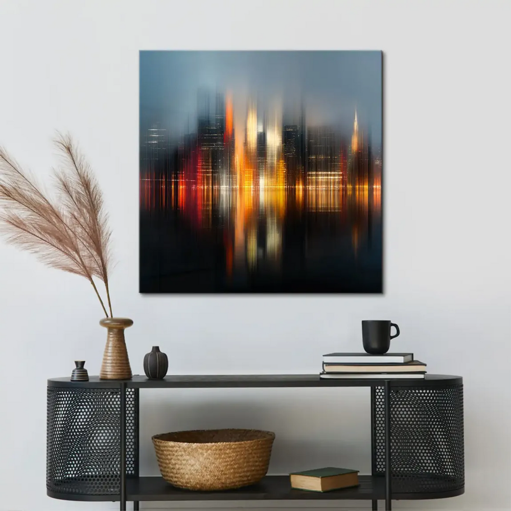 Contemporary wall art featuring a neon-inspired cityscape in bold oranges and yellows against grey tones.