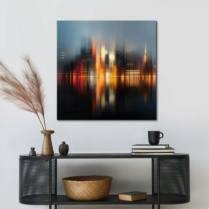 Contemporary wall art featuring a neon-inspired cityscape in bold oranges and yellows against grey tones.