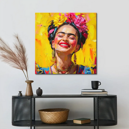 Close-up of Frida Kahlo-inspired face with red lips on colorful canvas wall art