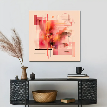 Abstract wall art featuring bold black lines and geometric blocks in glow of pinks and peaches.