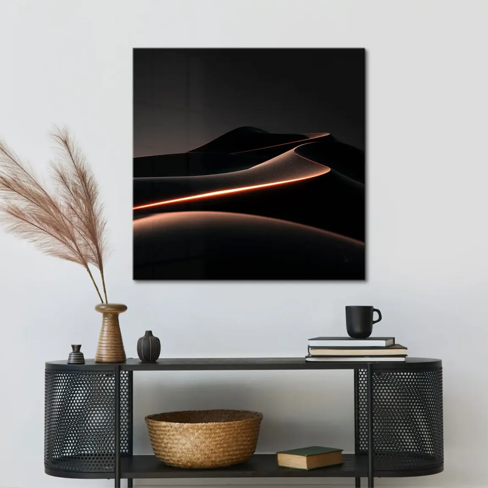 Sleek modern wall print of desert-like dunes and luminous copper-orange contour
