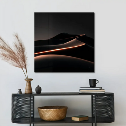 Sleek modern wall print of desert-like dunes and luminous copper-orange contour