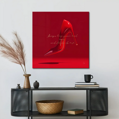 Elegant wall art featuring a handwritten quote about keeping head, heels, and standards high