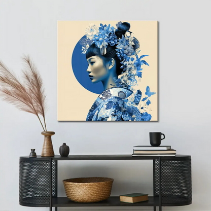 Creamy beige background with a bold blue circle