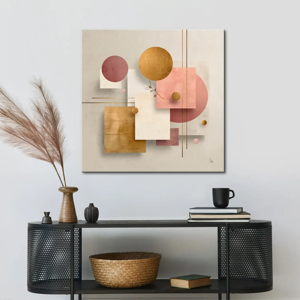 Muted rose and blush pink blocks contrasted with textured gold rectangles.