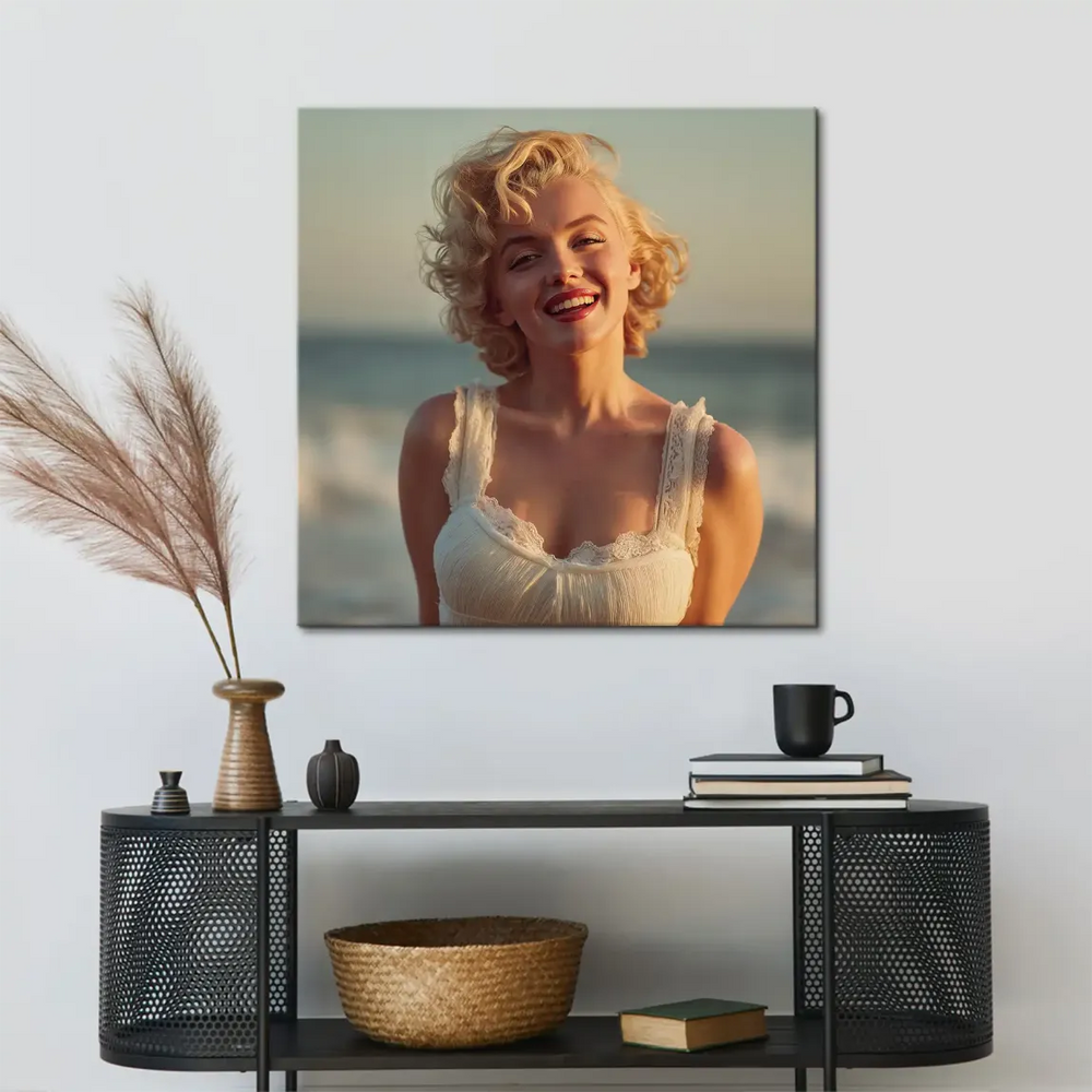 Smiling blonde woman in white lace top against a soft beach backdrop