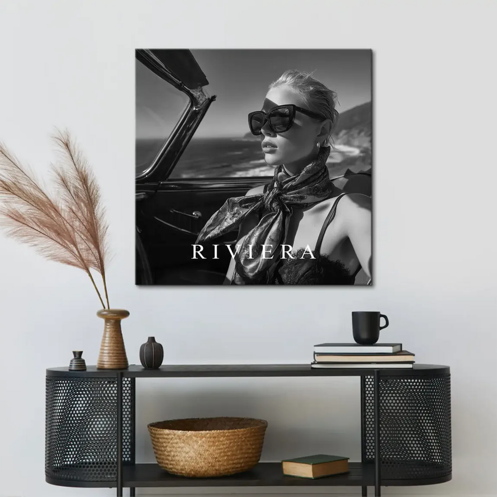 Monochrome wall art capturing mid-century cinema glamour and wanderlust.