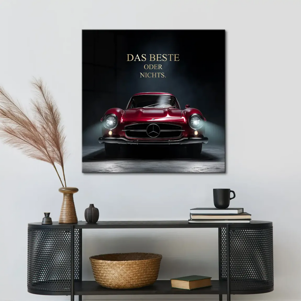 Mercedes 300SL Gullwing in metallic red canvas print with gold typography on dark background.