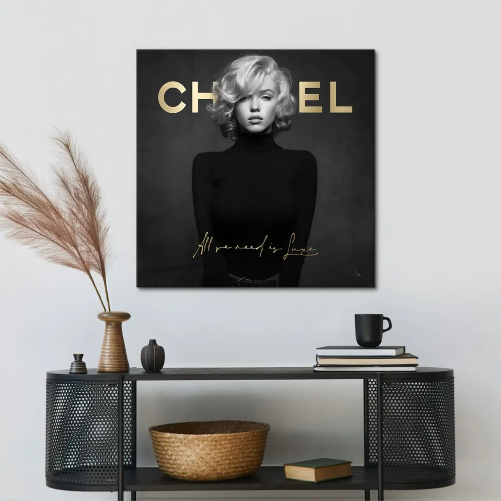Elegant fashion wall art with Marilyn Monroe in monochrome tones and gold accents