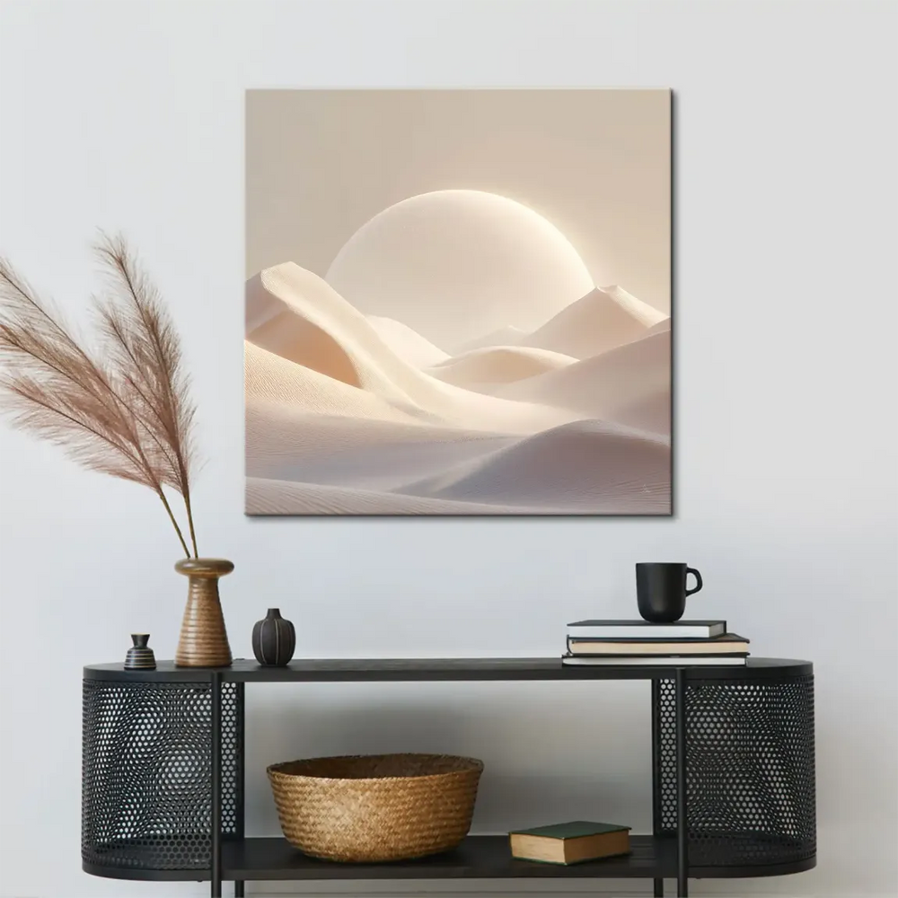 Calm desert scene on Desert Light Canvas Print featuring flowing dunes and ethereal glow.