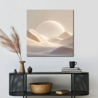 Calm desert scene on Desert Light Canvas Print featuring flowing dunes and ethereal glow.