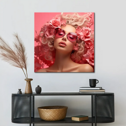 High-fashion woman surrounded by a lush explosion of pink blossoms