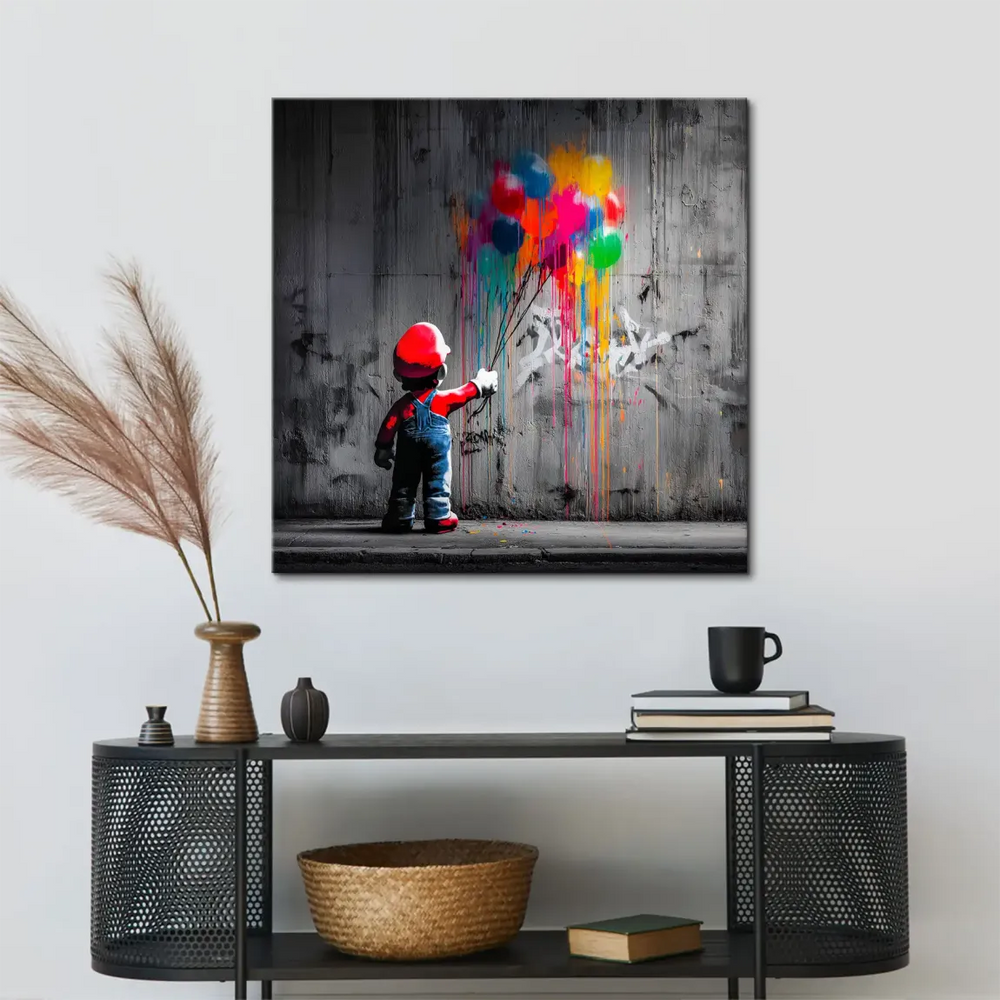 Urban street art style canvas blending pop culture character with bright balloons.