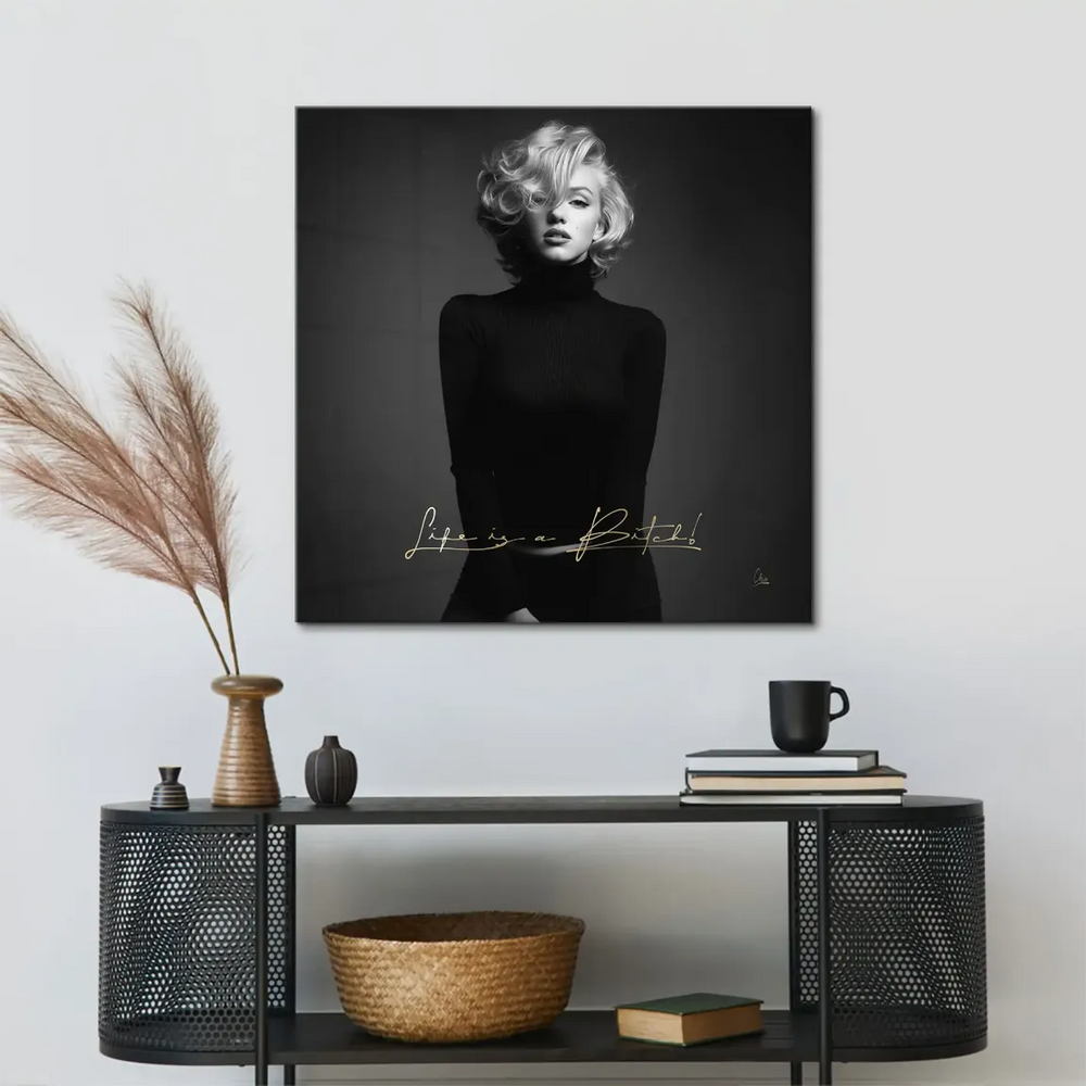 Monroe glam portrait on monochrome canvas with metallic gold caption