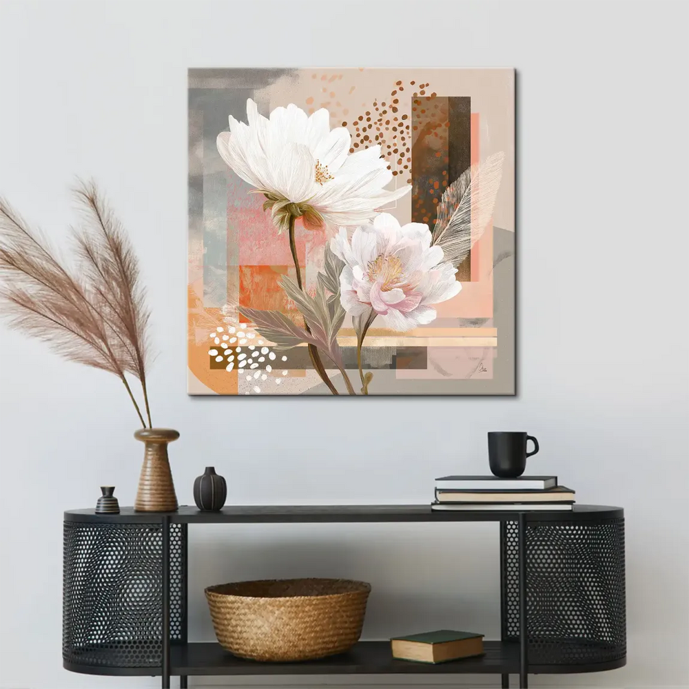 Close-up of two blossoms with delicate petals on a beige and grey painterly backdrop.
