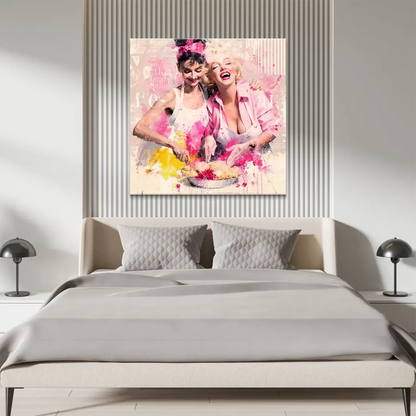 Bright pink and yellow splatters frame a joyful Hollywood glam duo in a modern mixed-media wall art.