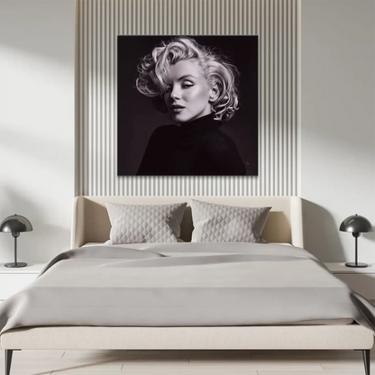 Marilyn Monroe wearing a dark turtleneck in a black-and-white canvas portrait.