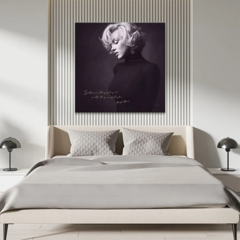 Gold metallic quote beneath Marilyn Monroe image on canvas