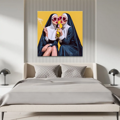 Vibrant wall art showing nuns in playful, ironic poses against a bright yellow background