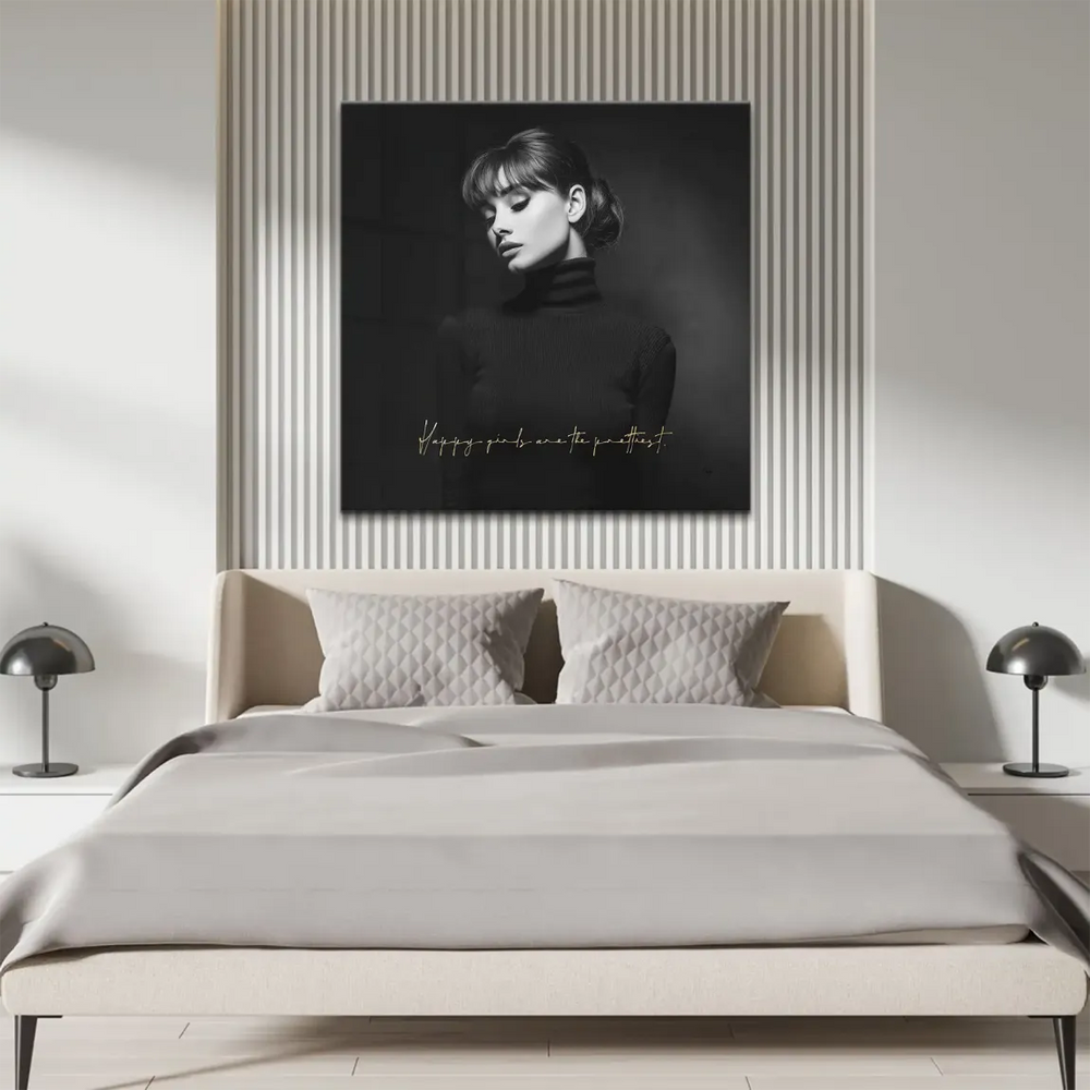 Elegant wall art featuring a poised woman in monochrome tones with a gold script