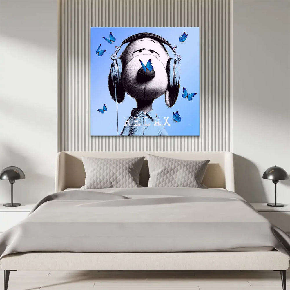 Blue butterfly perched on Snoopy's nose amidst a vibrant backdrop